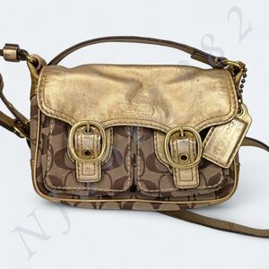 Coach Bleecker Jessie Swing Signature Canvas & Gold Leather Buckle Flap Y2K Bag